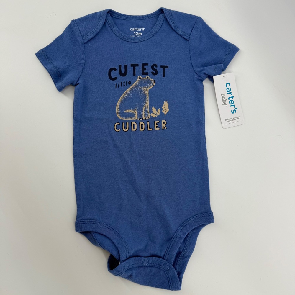 Carters Baby Boy Blue Bear Graphic Bodysuit 12M Cutest Little Cuddler